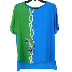 Slim Factor Nautical Anchor Rope Print Shirt Womens Sz Medium Blue Green Sailor